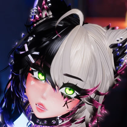 Kaana’s VR avatar with black and white hair and green eyes